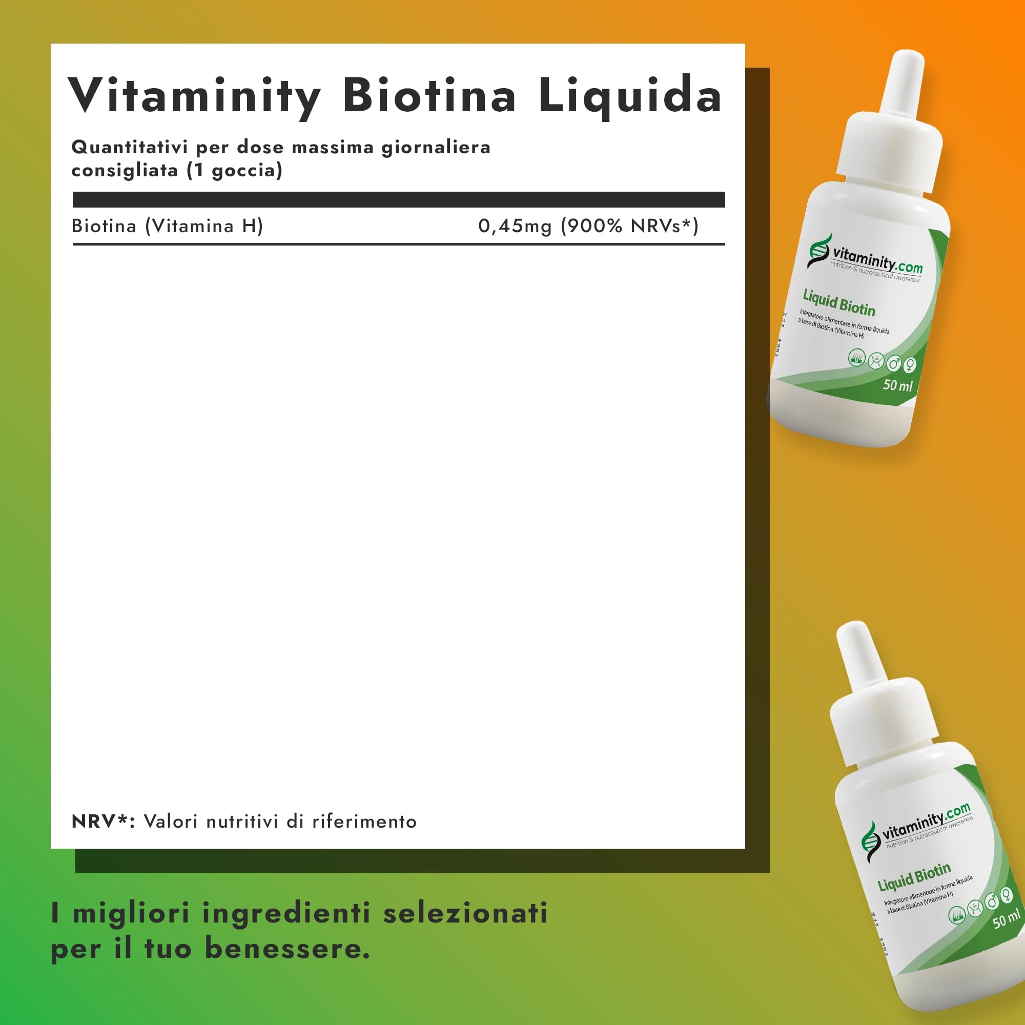 Vitaminity Biotina Liquida 50 ml 900 gocce 1 al giorno, Integratore Biotina per Capelli, Pelle e Unghie, Vitamina H ad alta biodisponibilità - Made in italy