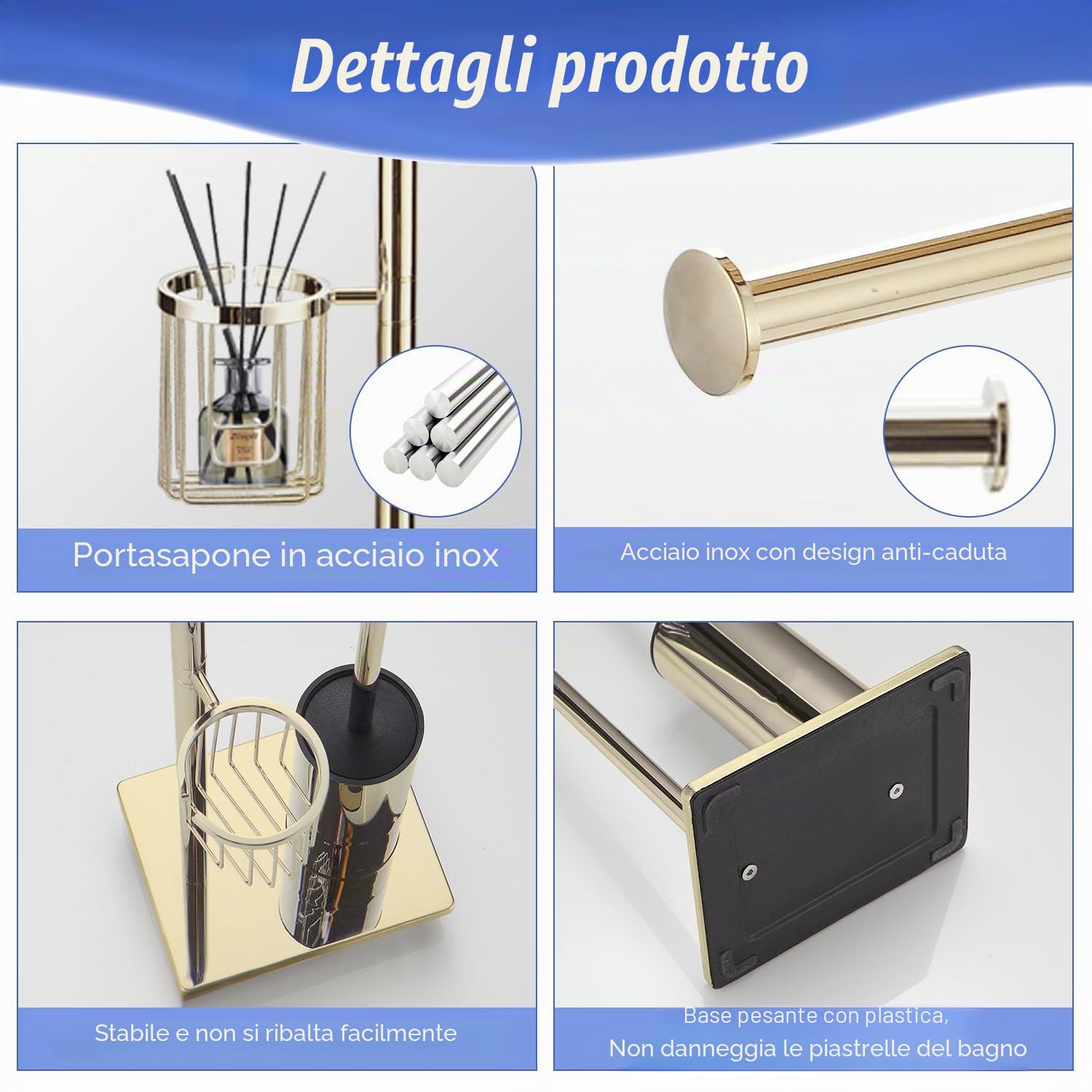 BGL Porta carta igienica in piedi con scopino per WC dorato, porta carta igienica con cestino angolare