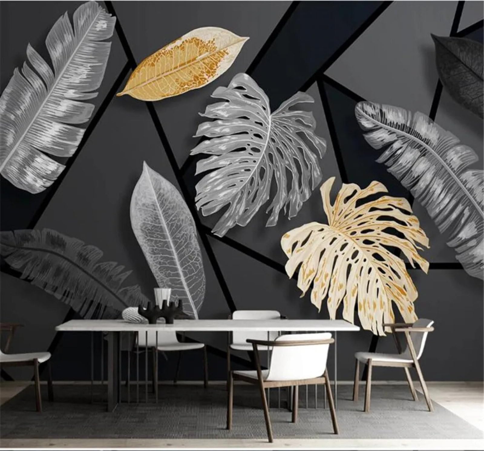 Tzxztt Minimalist Luxury Plants Banana Leaves Geometric Modern 3D Wallpaper Premium Textured Silk Neutral Tones Material Ideal for Living Room Bedroom-200cm×140cm