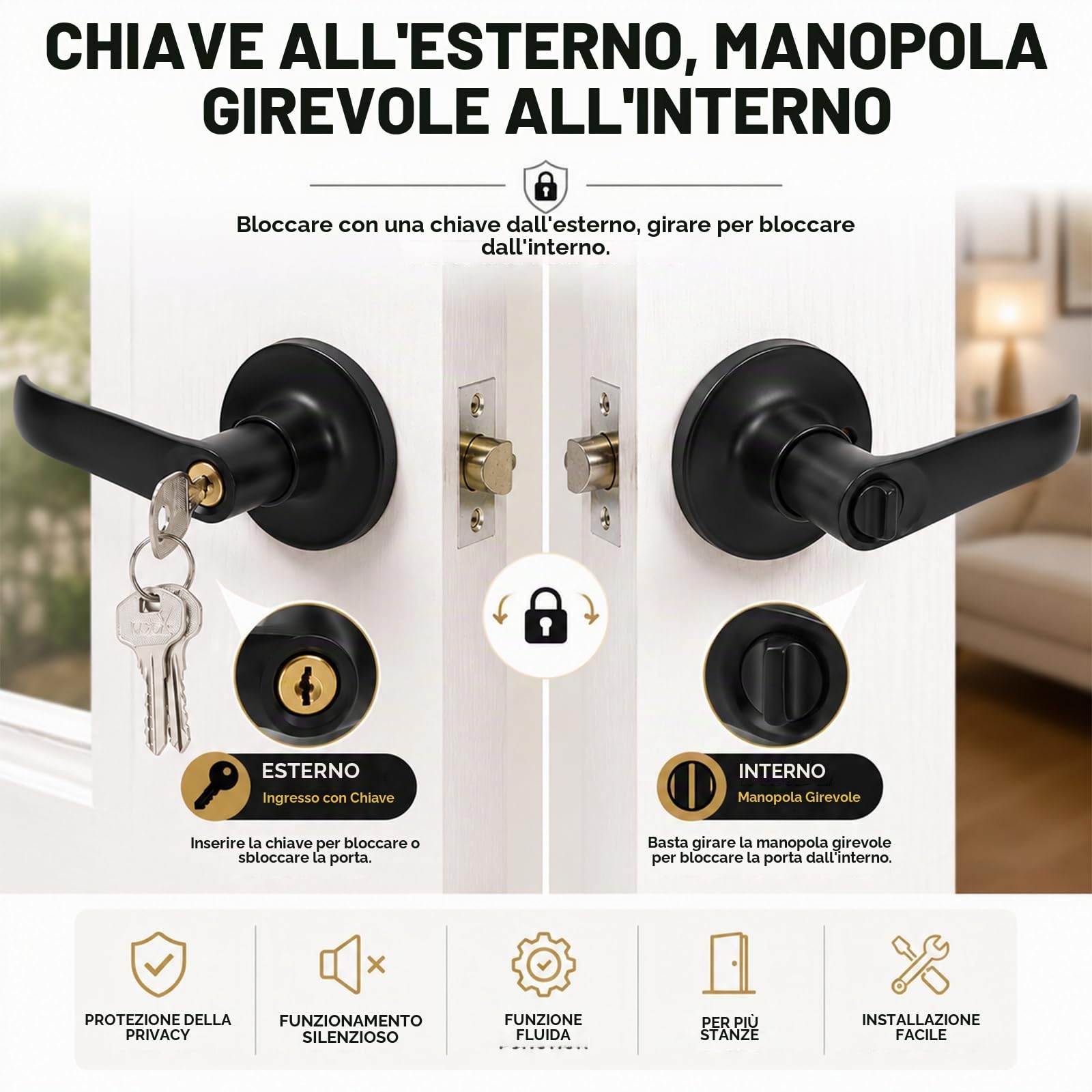 2 Pezzi Maniglia Nera Porta Alluminio Serratura a Leva per Porta Maniglia per Porta Della Camera con Serratura e Chiavi, Maniglie per Porte Interne e Esterni