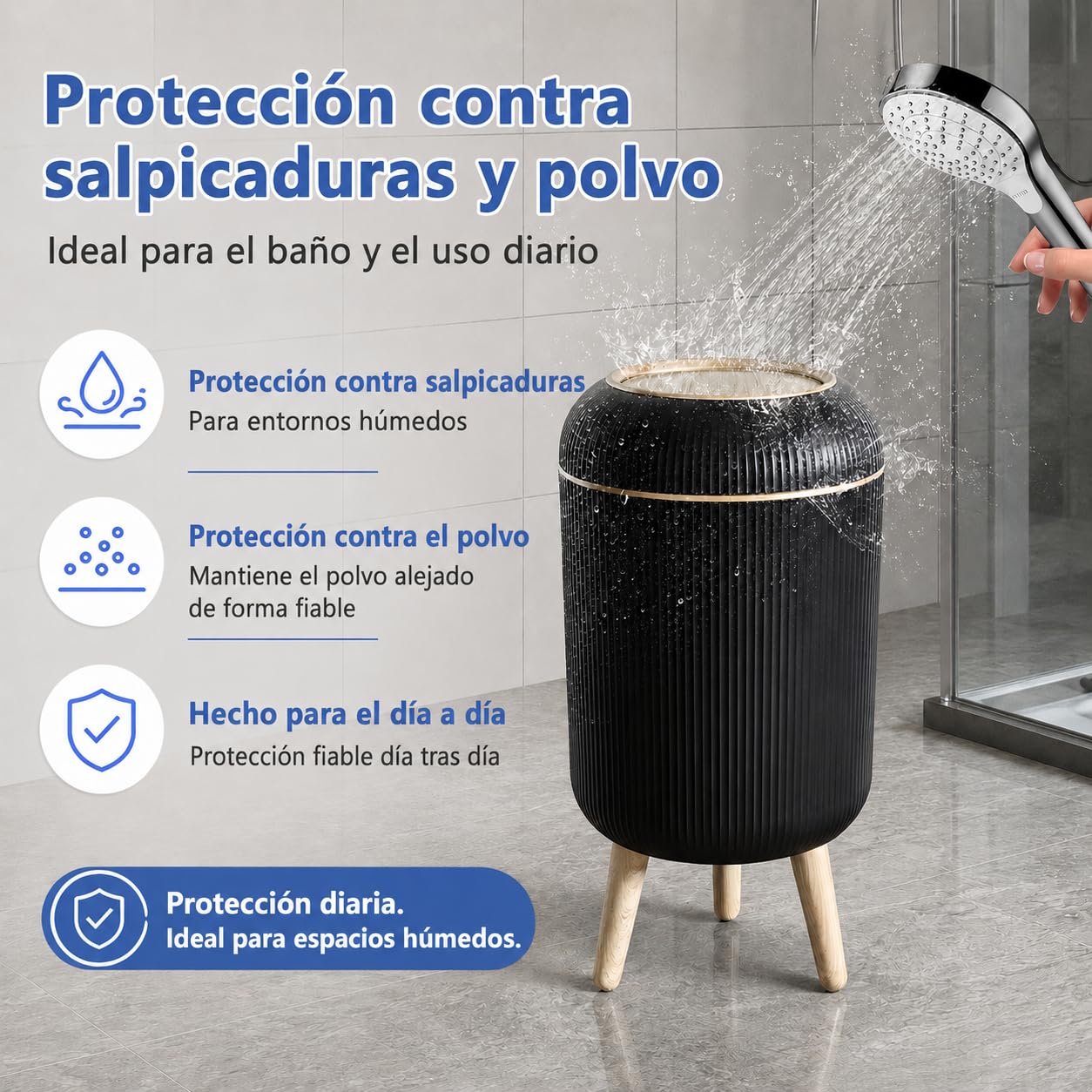 Papelera Automática 10L con Sensor para Baño, Blanca - Cubo Basura Inteligente con Diseño Redondo Elegante, Patas de Madera y Apertura Sin Contacto para Salón (10L Schwarz)
