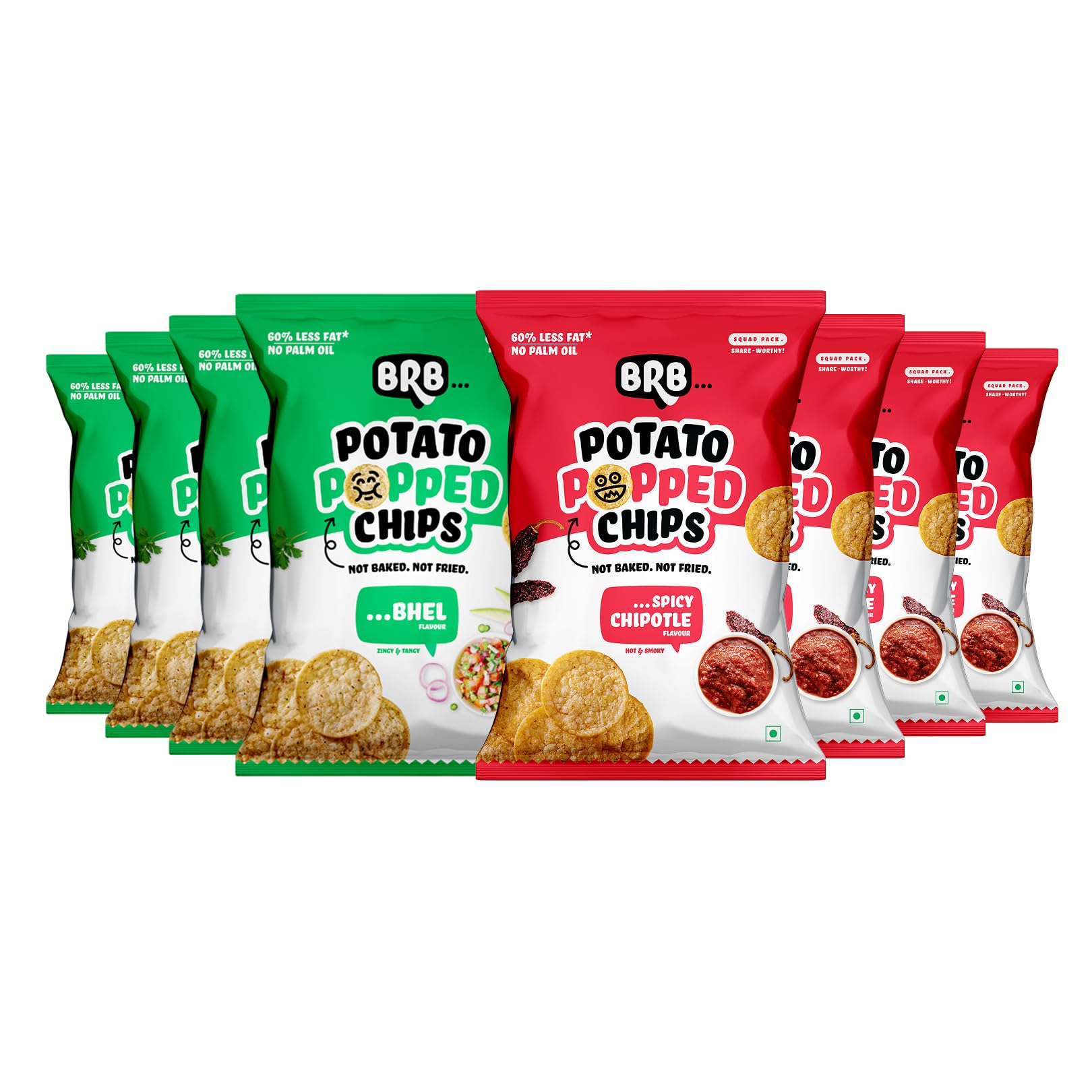 Popped Potato Chips | Bhel & Spicy Chipotle Flavour | Not Fried, Not Baked | 60% Less Oil, Lower Calorie, No Palm Oil, Healthy Snack | 8 x (48g/51g) Combo Pack (weight may vary)