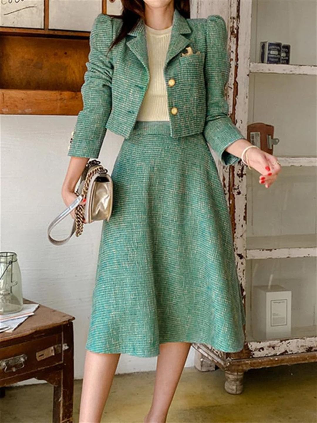 Women Two Piece Set Short Jacket High Waist Skirt Office Outfit