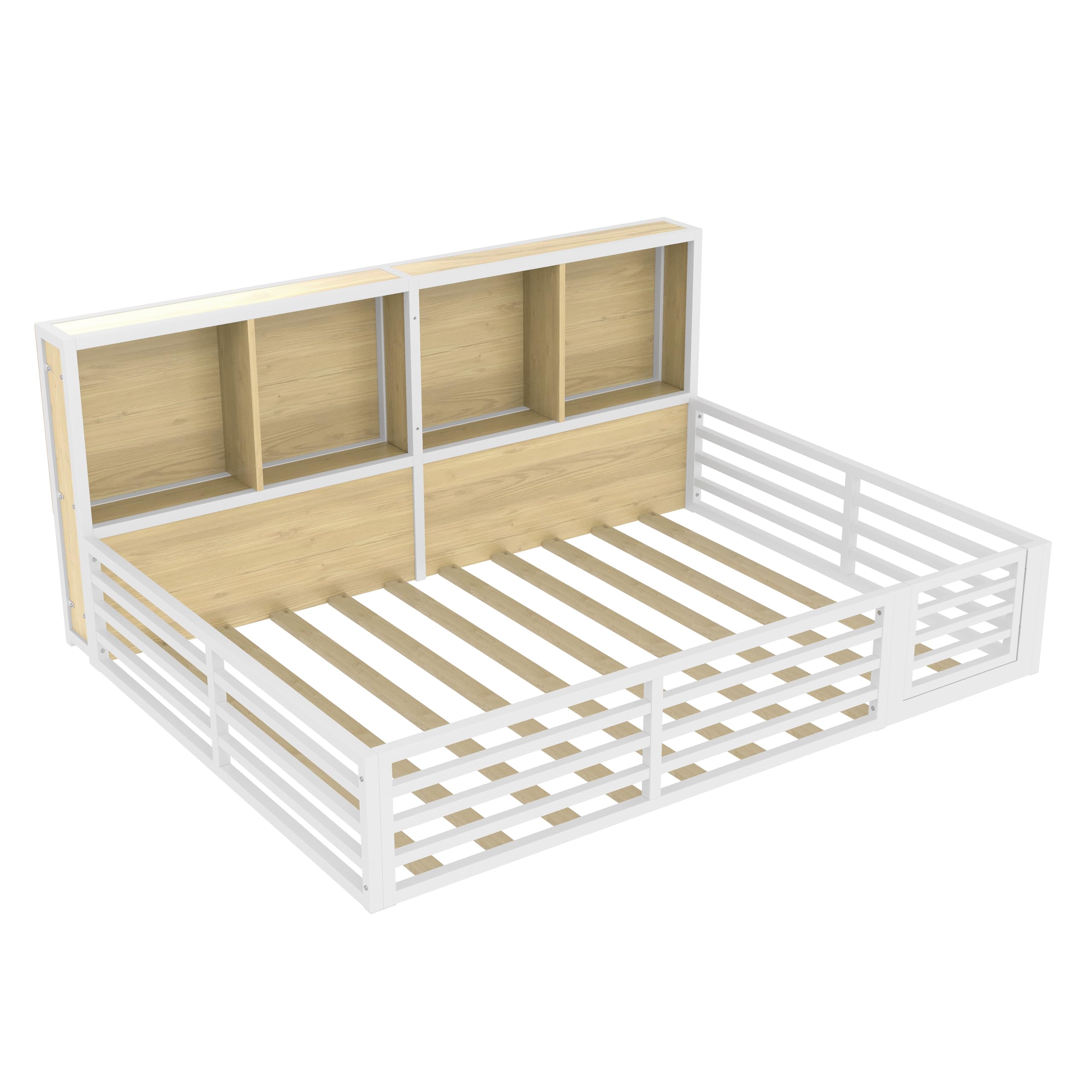 Kinderbett Bodenbett 140x200 mit Rausfallschutz & Lattenrost, Montessori Bett Hausbett mit 4 Staufächer & LED-Beleuchtung & Tür, Gitterbett Metallbett Bettgestell Spielbett (Weiß, 140x200CM)