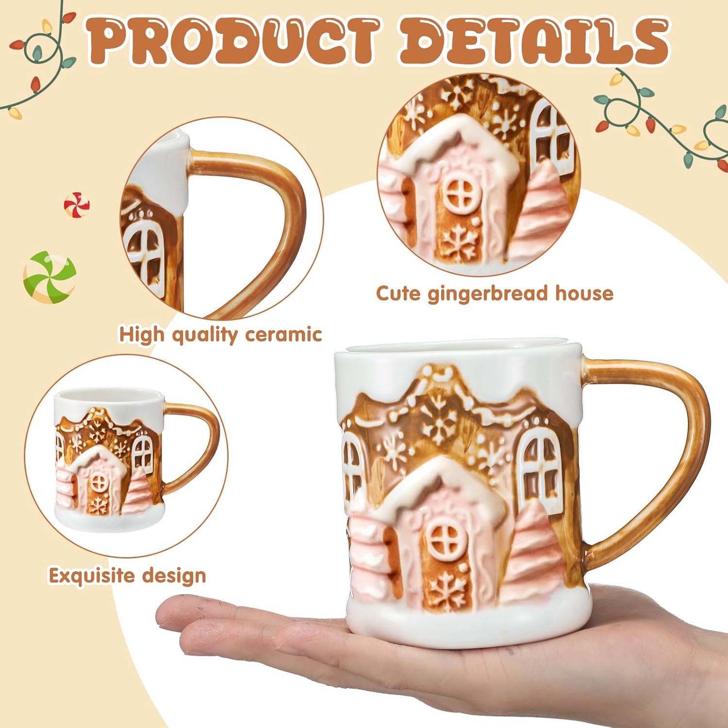 2 Pack Christmas Gingerbread House Ceramic Coffee Mug 11.8 oz Cute Christmas Coffee Cup Holiday Gift for Centerpieces Decorations Housewarming Women Men Gifts Milk Cocoa Tea Latte