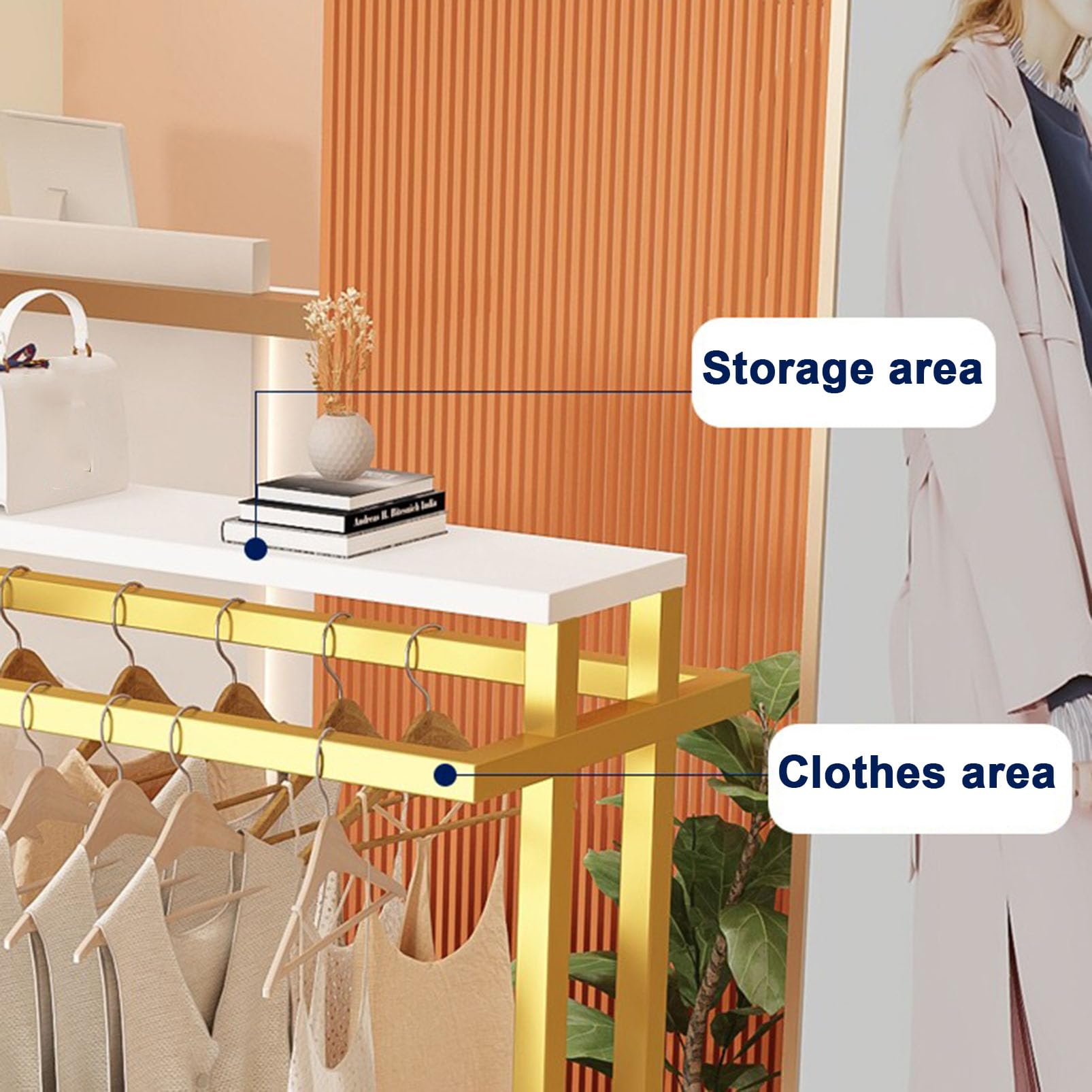 Scaffale multiuso in metallo resistente da pavimento, con doppi ripiani, ideale per boutique al dettaglio, guardaroba e lavanderia