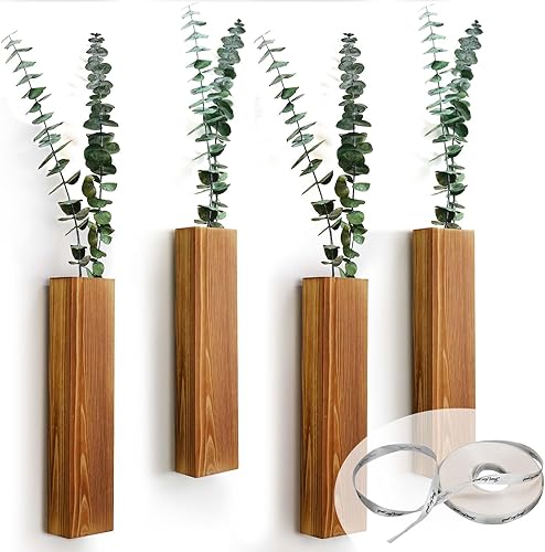 Paquete de 4 macetas de pared de madera para plantas de interior, macetas colgantes de madera para baño, dormitorio, sala de estar, decoración de