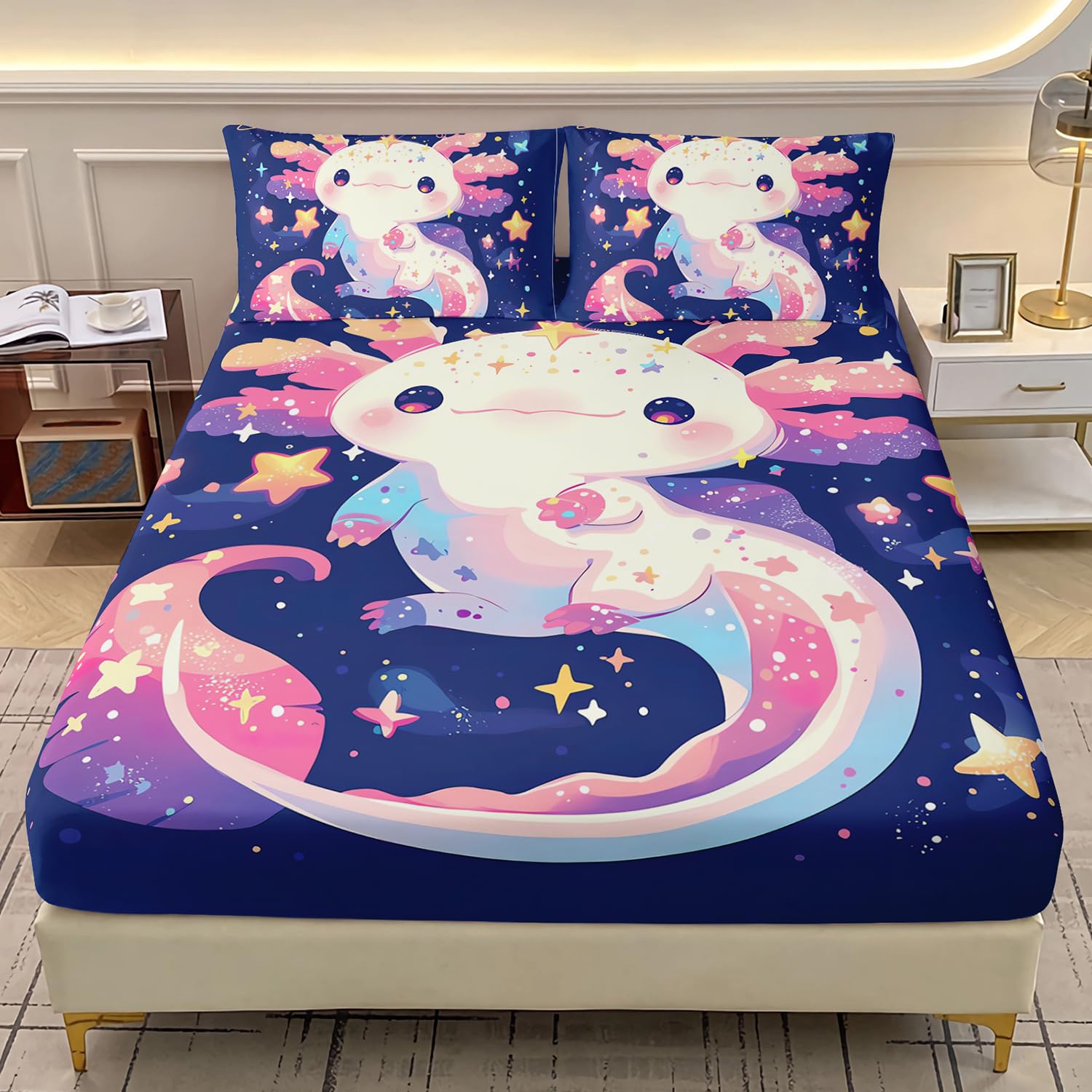 AILONEN Kawaii Axolotl Bedding Twin XL Fitted Sheet Set,Cartoon Starry Blue Space Animal Print Fitted Sheet + 2 Pillowcases,3-Piece Lovely Axolotl Bed Sheet Set for Girls Teen