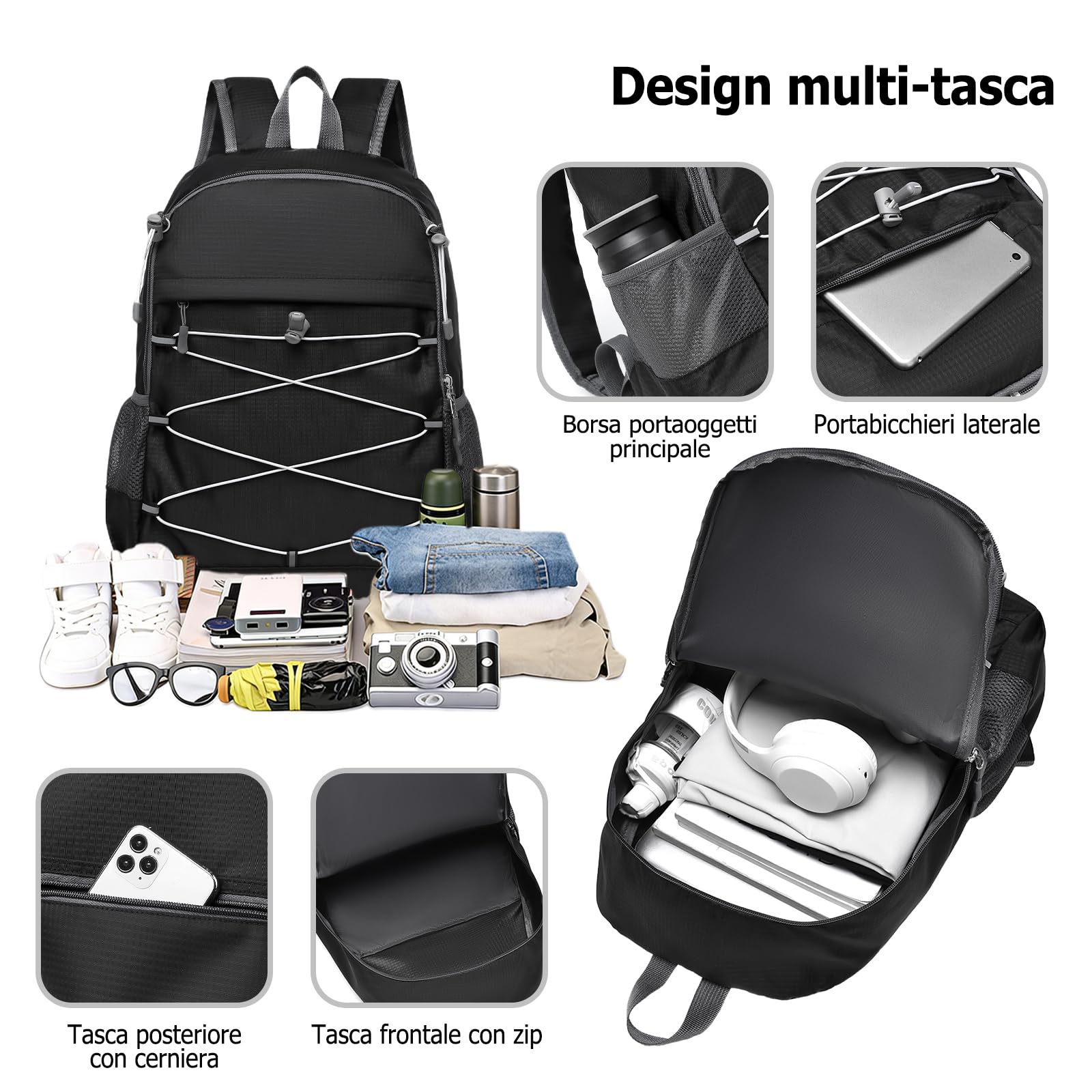 Zaino Pieghevole Zaino da Trekking Grande Impermeabile Leggero Zaini Donna Uomo Backpack per Campeggio Viaggio Sport Nero