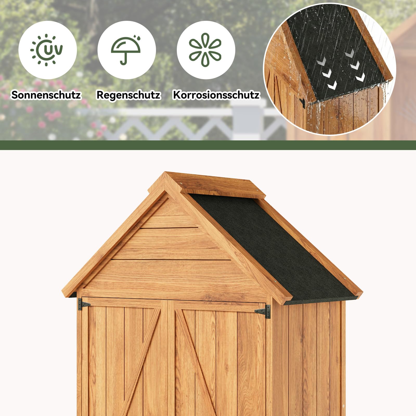 Aoxun Geräteschuppen Holz 73x39x169cm mit Regalen Asphaltdach Doppeltüren wetterfest Gartenschrank Outdoor