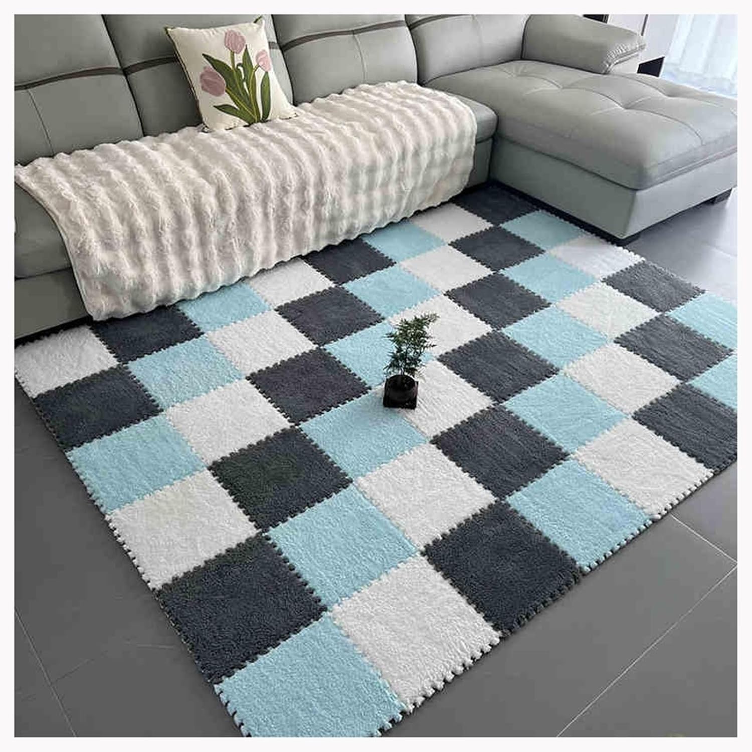 Interlocking Carpet Tiles 12X12 Inch Square Foam Mat with Border Plush Carpet Puzzle Mats(White+Blue+Gray,40pcs)