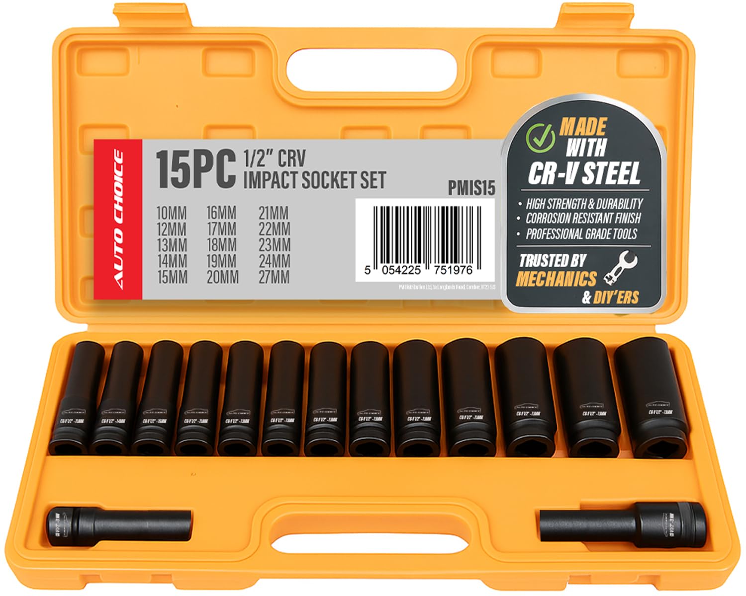 Xtremeauto 15pc 1/2" Impact Socket Set, CRV Steel Metric Sockets 10-27mm, 6-Point Design for Impact Wrenches