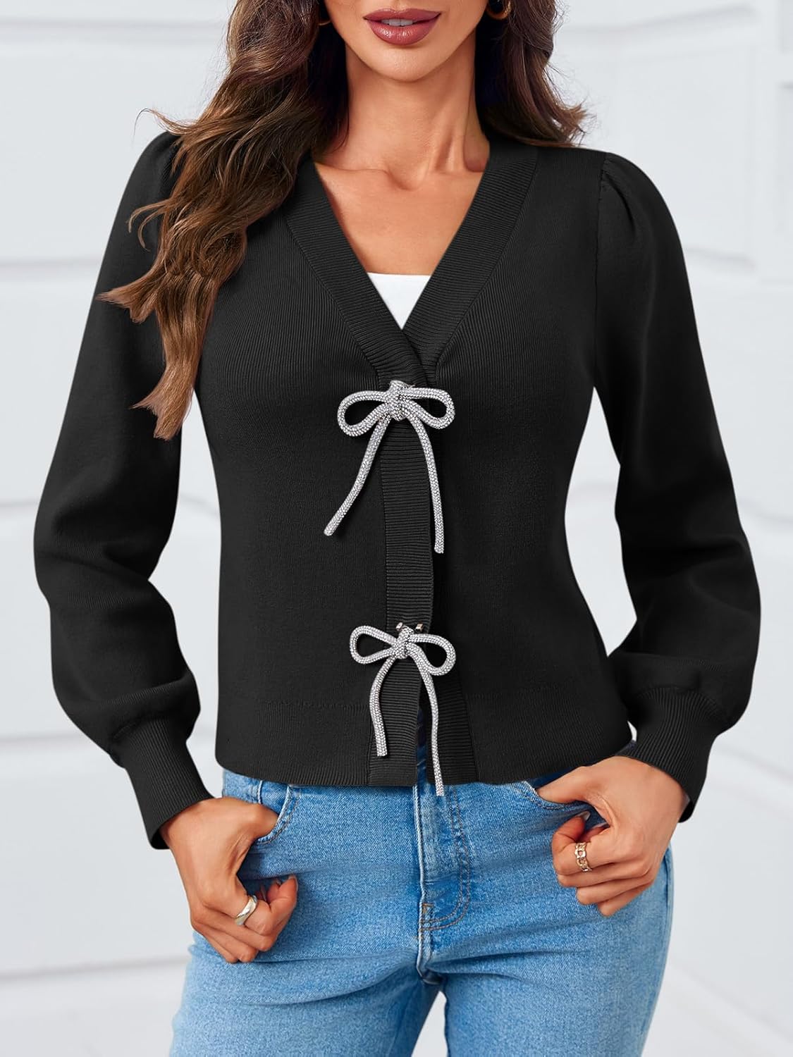 Saodimallsu Womens Puff Long Sleeve Sweaters V Neck Cropped Bow Button Front Cozy Knit Cardigan Sweater Tops Black, Large - Image 2