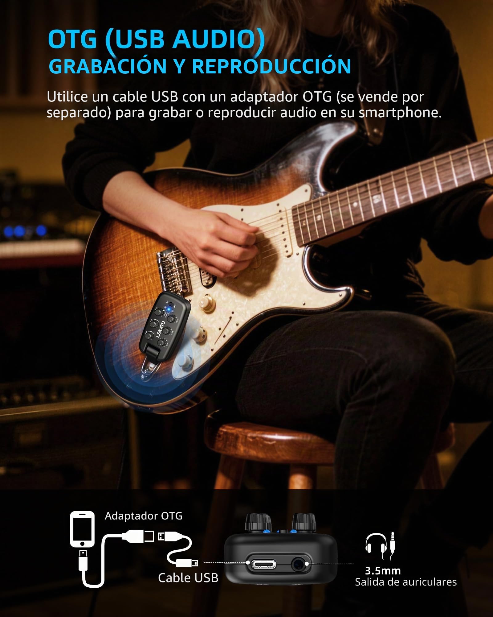 LEKATO Amplificador de auriculares para guitarra, amplificador de práctica portátil enchufable para guitarra eléctrica y bajo, 9 modelos de amplificador y 6 efectos, Bluetooth 5.0, enchufe giratorio