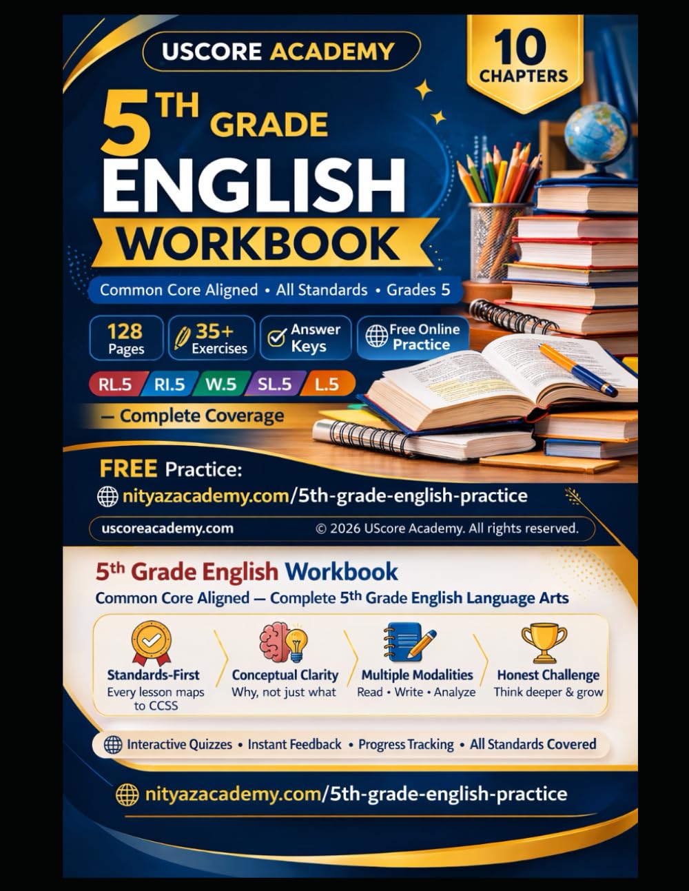 5th Grade English Workbook: Common Core Aligned Practice with Answer Keys — Reading, Writing, Grammar, Vocabulary & More
