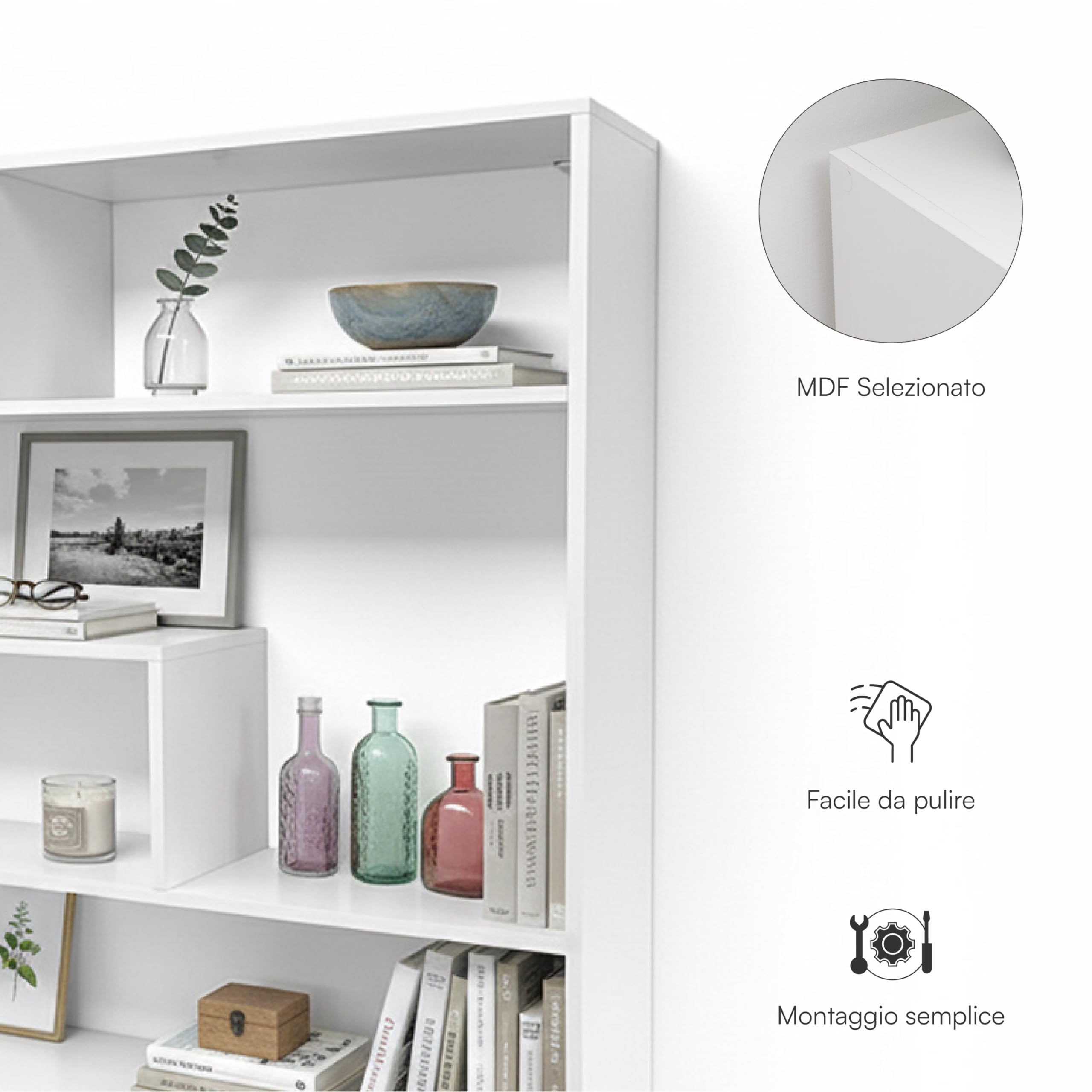 Baroni Home Libreria di Design Moderna, Scaffale Verticale a Zig Zag, Scaffale Porta Libri per Soggiorno Camera Ufficio, Montaggio Facile, 19.5x94x80 cm, 4 Livelli Bianco