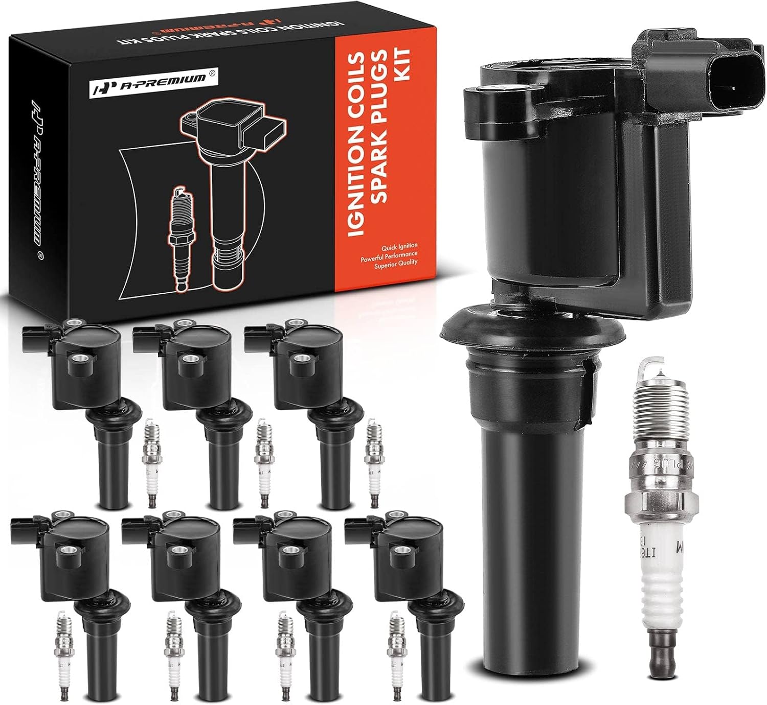 A-Premium Ignition Coils and Spark Plugs Kits Compatible with Ford Taurus 1996 1997 1998 1999 V8 3.4L 8-PC Set
