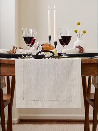 Solino Home Linen Light Natural Table Runner 48 Inches - Classic Hemstitch, 100% Pure Linen Coffee Table Runner 14 x 48 Inch Ideal for Dresser Tables - Christmas, New Year