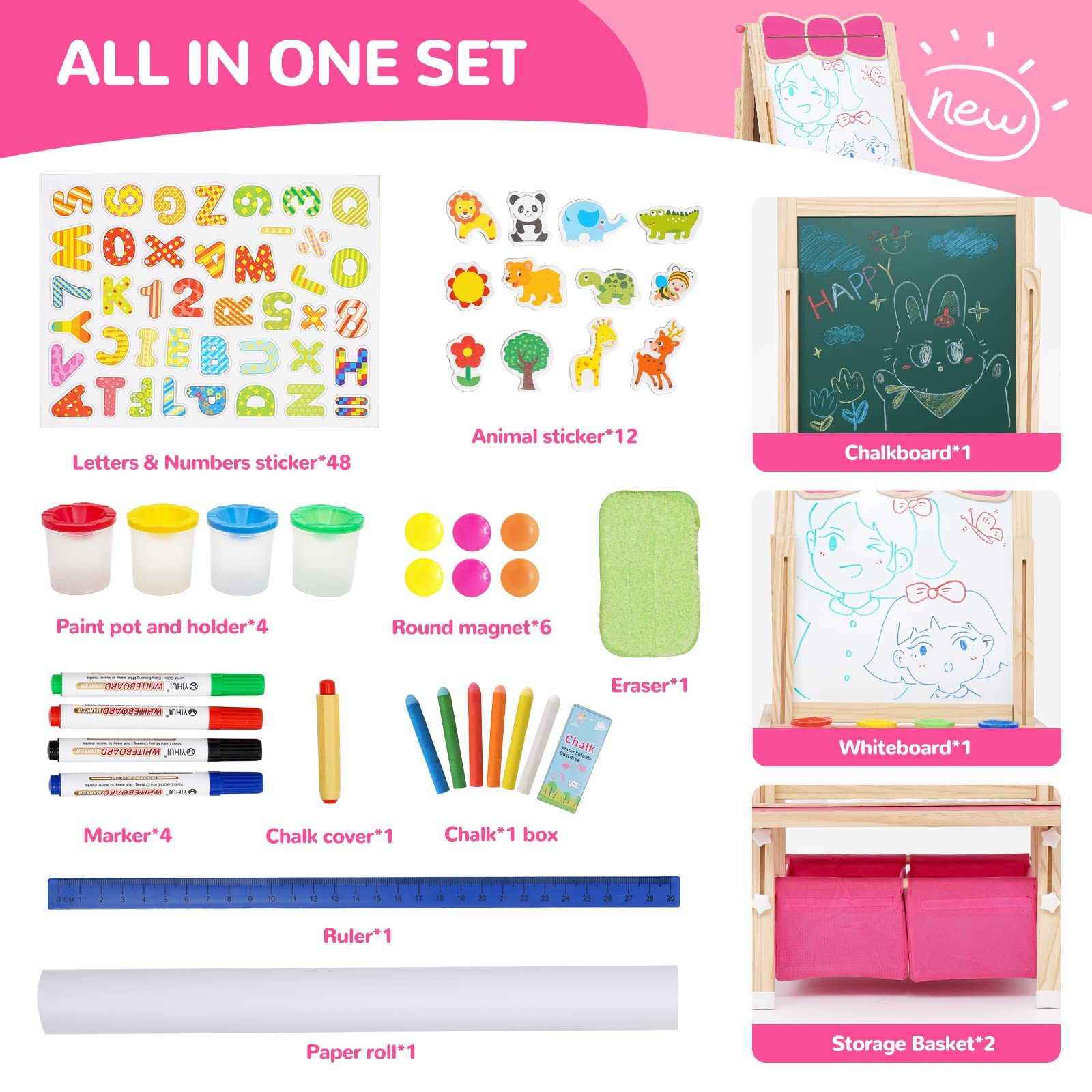 kunst-ezel voor kinderen, 3-in-1 houten kunst-ezel, dubbelzijdig, met magnetisch whiteboard, krijtbord, papierrol, verstelbaar tekenbord met schilderaccessoires, voor kinderen vanaf 3 jaar | NL