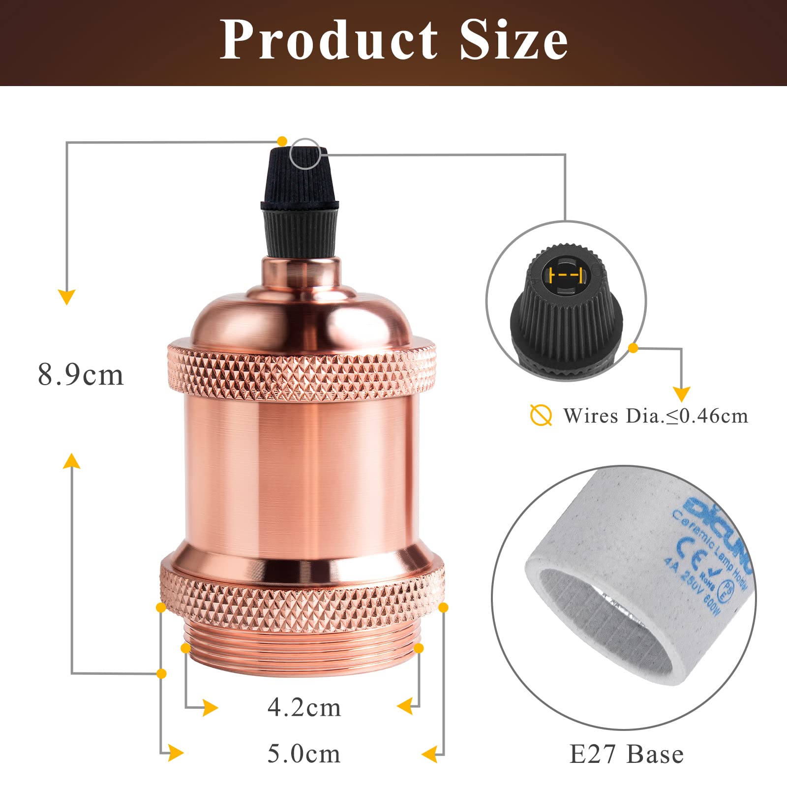 DiCUNO E27 Vintage Portalampada, Edison retro lampada a sospensione, Adattatore in ceramica solida, 10 Pezzi di oro rosa socket