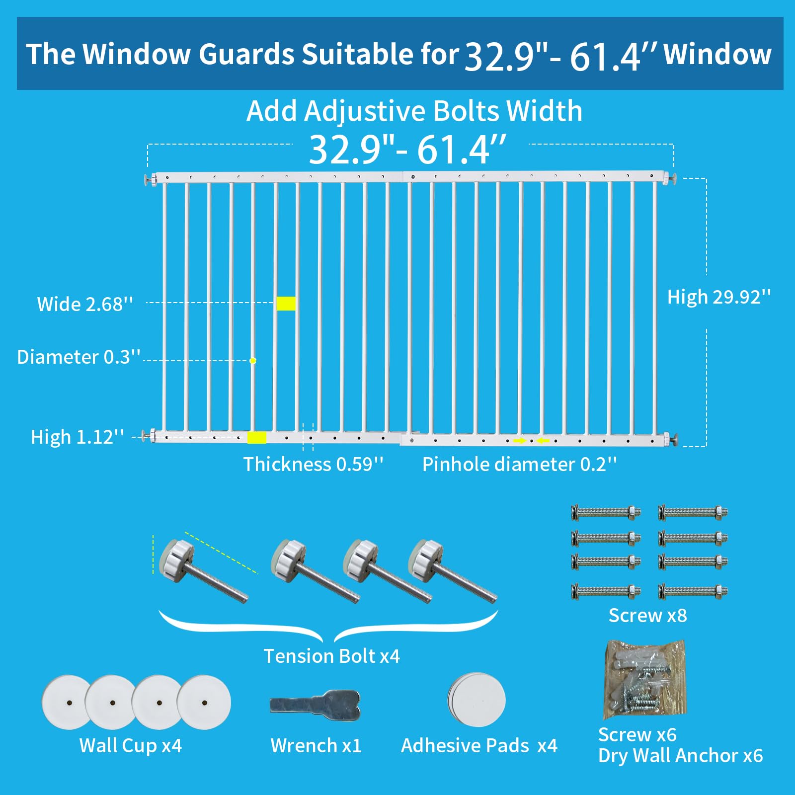 Protectores de seguridad para ventanas para niños pequeños, barra de seguridad ajustable de 33 a 61.4 pulgadas de ancho, protector de seguridad para niños que evita caídas accidentales (blanco, 2