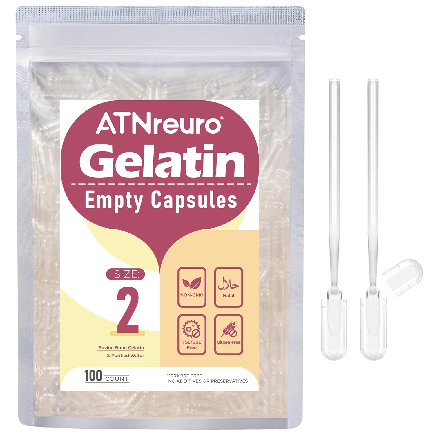 Size 2 Empty Gelatin Capsules with 2 Micro Spoons - 100 Count Empty Clear Capsule - Gel Pill