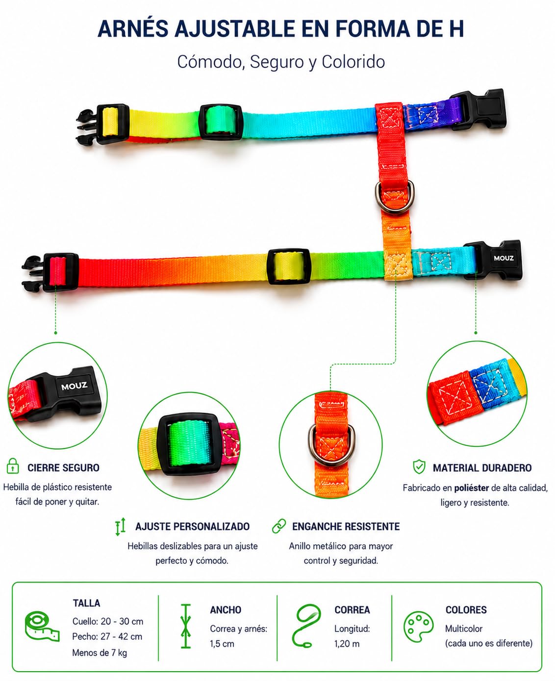 MOUZ Arnés para Gatos y Perros pequeños, Ajustable en Forma de H con Correa, antiescape, Ligero y Suave, Uso fácil, para Viaje. Talla única.