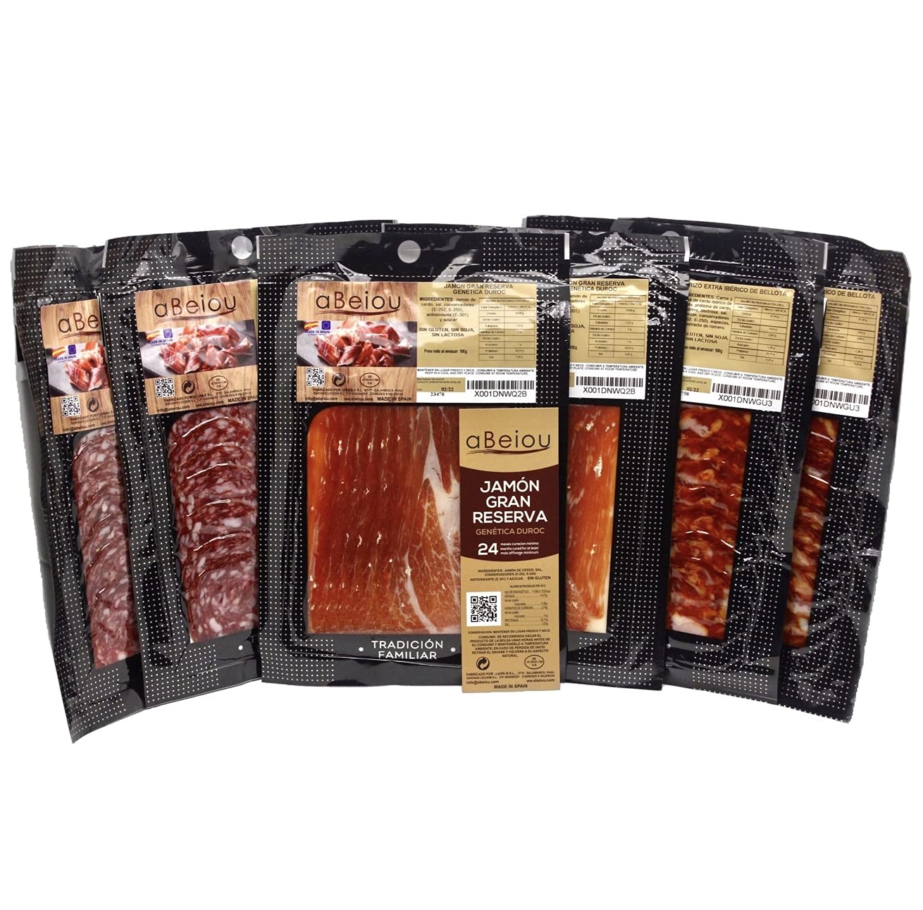Lote Surtido Gourmet Gran Reserva Duroc + Ibérico Bellota 600 g — 6 Sobres — Jamón Duroc + Chorizo + Salchichón Ibérico Bellota — Cert. Hycer Guijuelo — aBeiou
