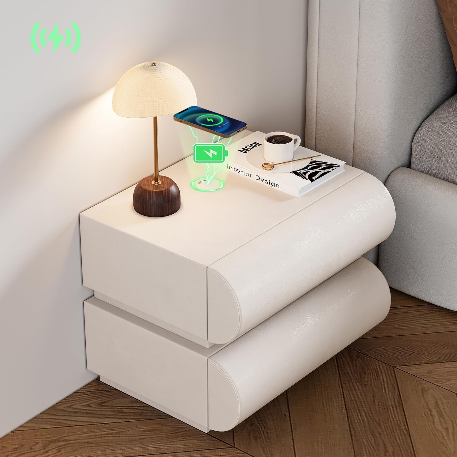 Homary Smart Bedside Table, Modern White Leather Nightstand with Wireless Charger & 3 Drawers for Bedrooms, Living Rooms – USB & Type-C Ports Included