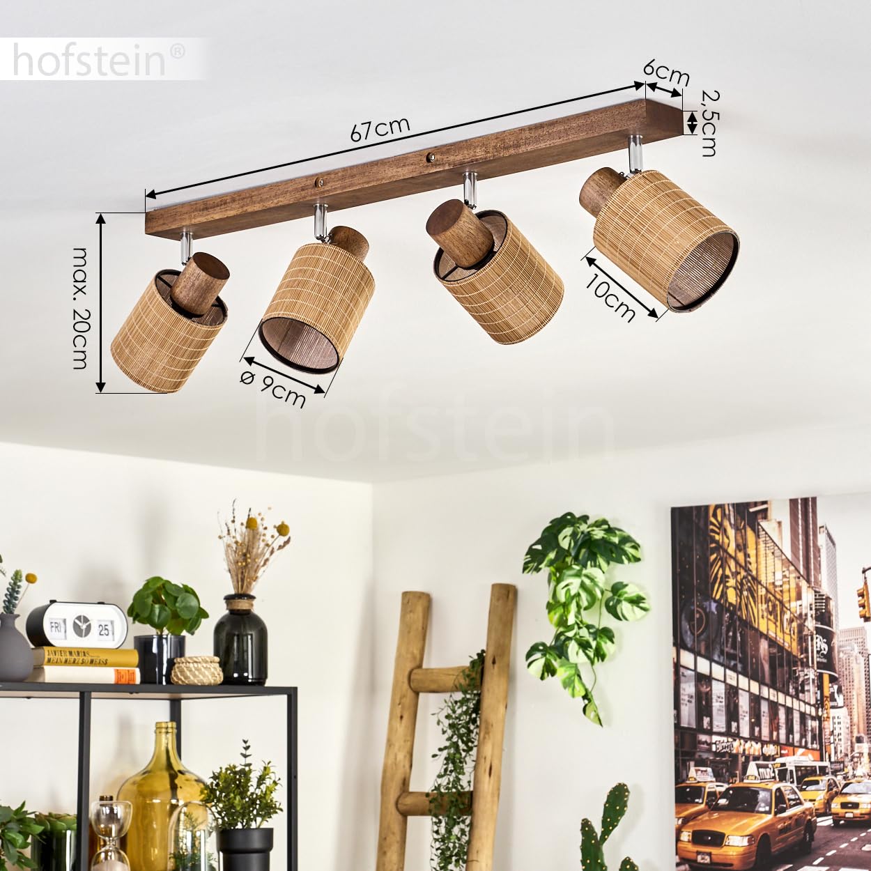 Plafoniera Kinnared, lampada da soffitto moderna in legno/metallo/bambù in marrone scuro/cromato/naturale, lampada a 4 luci in design scandinavo con faretti regolabili, 4 x E14, senza lampadine