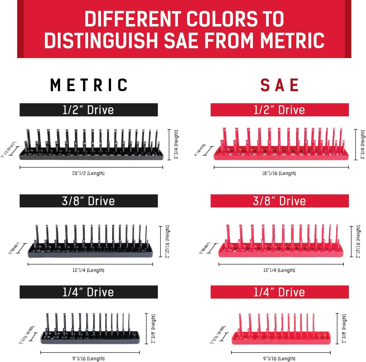 B&C Home Goods Socket Organizers - 6 Piece SAE & Metric Tray Socket Holder - Toolbox Organizers and Storage for ¼, ⅜ and ½ inch Drive Holder for Mechanics