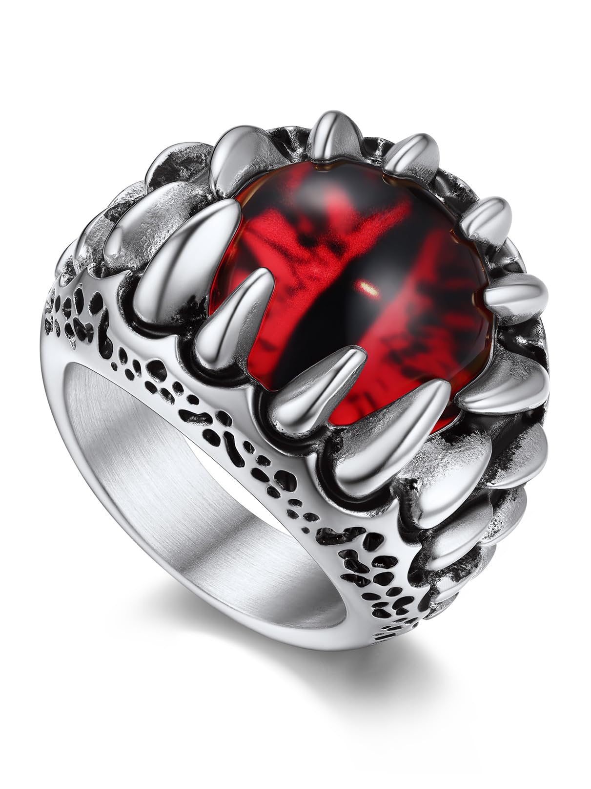Bandmax Punk Gothic Style Red Stone Rings for Men Women Stainless Steel Goth Rock Evil Dragon Claw Eye