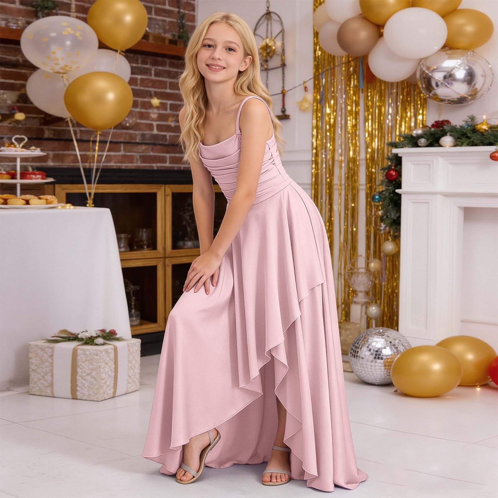 Genérico Vestido de Fiesta para niñas con Dobladillo Escalonado con Volantes y diseño de Cintura Arrugada sin Tirantes para, de Punto piqué, cómodo y Suave, Ideal para cumpleaños, colección Casual