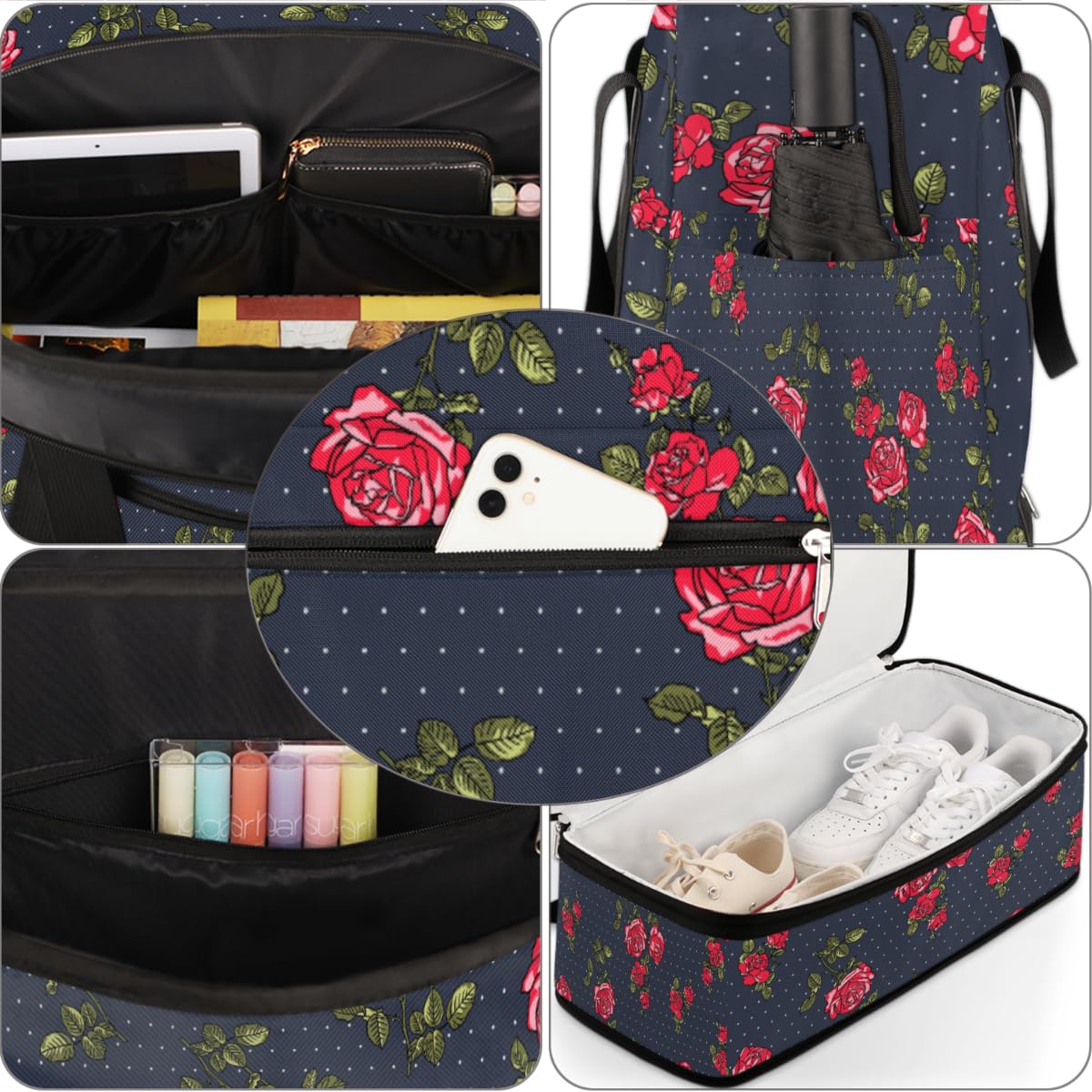 Bolsa de viaje plegable con diseño de lunares de rosas de 47 litros, bolsa de fin de semana con funda de carrito, bolsa de hombro separada para deportes, gimnasio, viajes, multicolor, 47L, Bolsa de