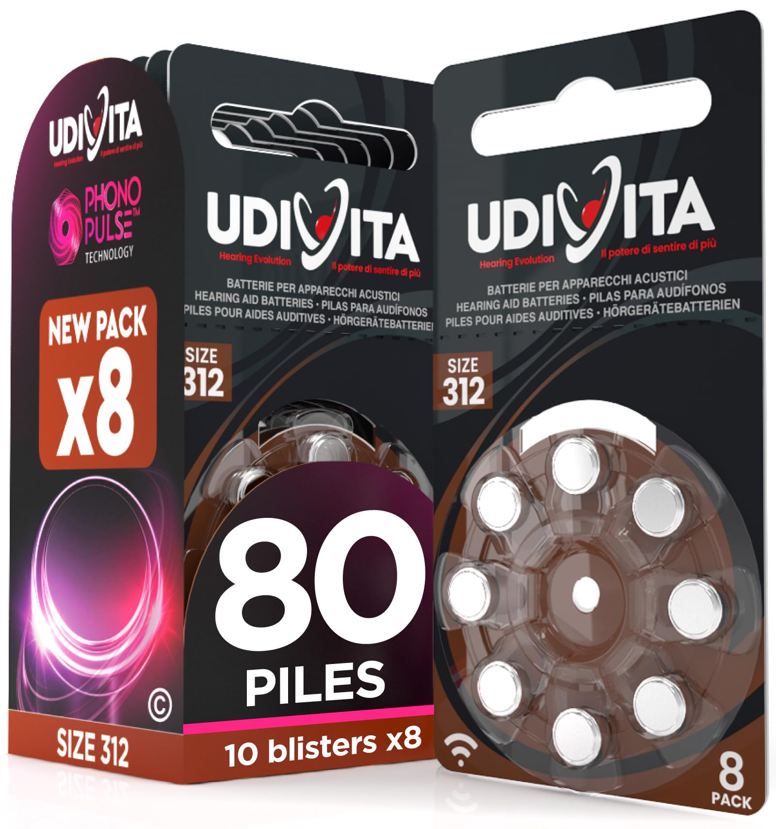 80 Piles Auditives Taille 312 Udivita PR41 (Brun) avec Technologie Phono Pulse Zinc-Air Compatible avec Tous les Appareils - 10 Blisters de 8 Piles