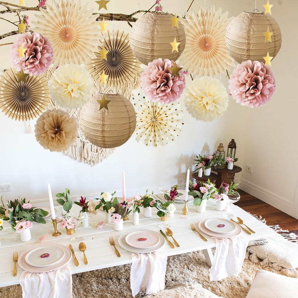 Party Deko Beige Rosa Braun Creme Neutral Boho Babyparty Deko Braun Beige JGA Frauen Altrosa Pompons Papierlaternen Champagner Gold für Boho Geburtstagdeko Brautdusche Hochzeit Junggesellenabschied