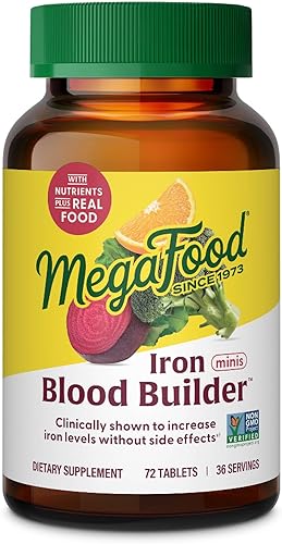 MegaFood Blood Builder Minis suplemento de hierro que se muestra para aumentar los niveles de hierro sin náuseas o estreñimiento apoyo energético