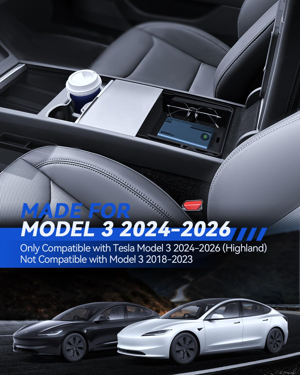 4 akcesoria do Tesla Model 3 2024-2025, organizery do konsoli środkowej, silikonowy organizer, podłokietnik, pudełko do przechowywania i ukryte pudełko (flokowanie)