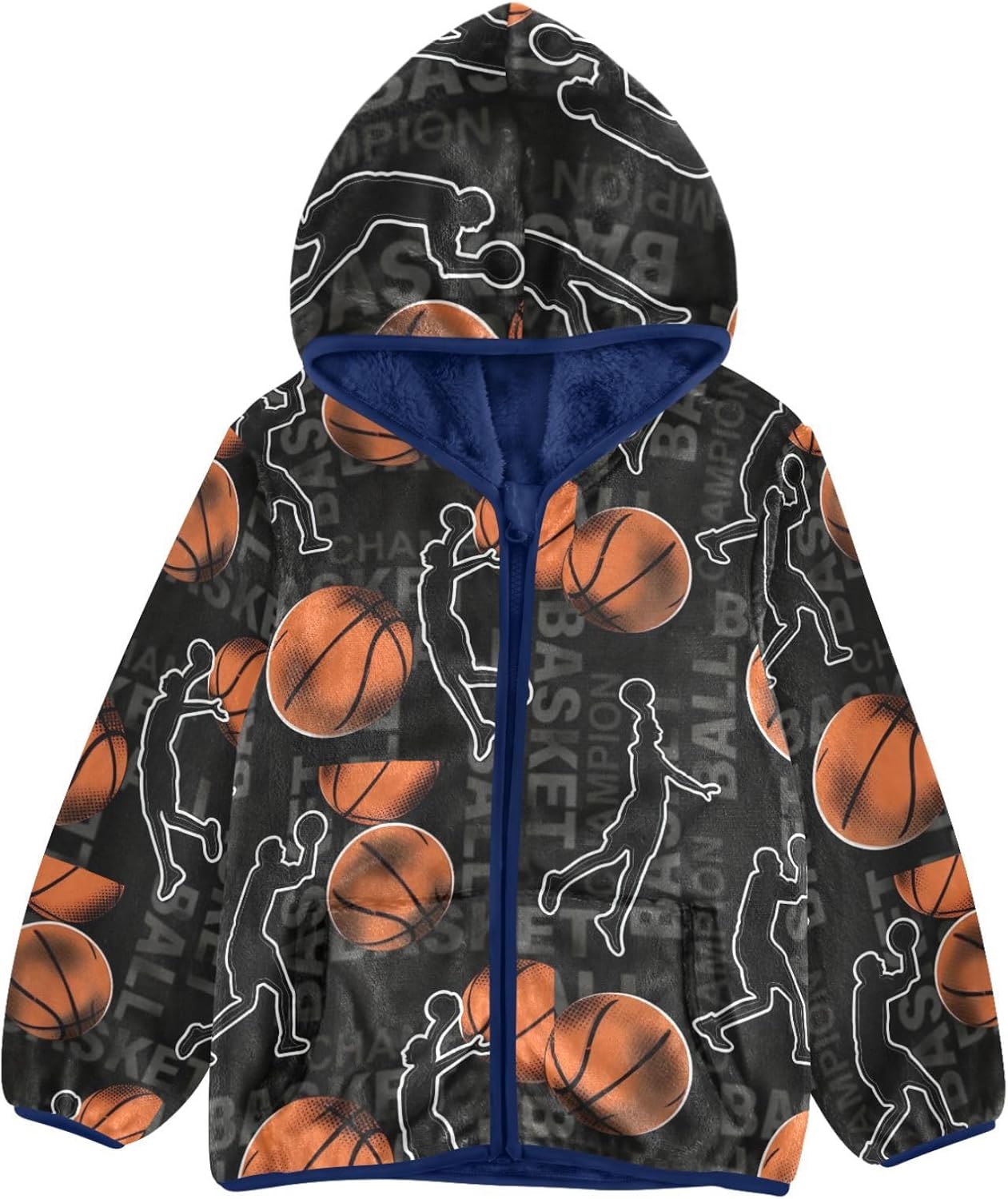 Basketball and Players Pattern Fleece Jacket Toddler Boy Children Coat Navy Blue Baby Boy Zipper Hoodie