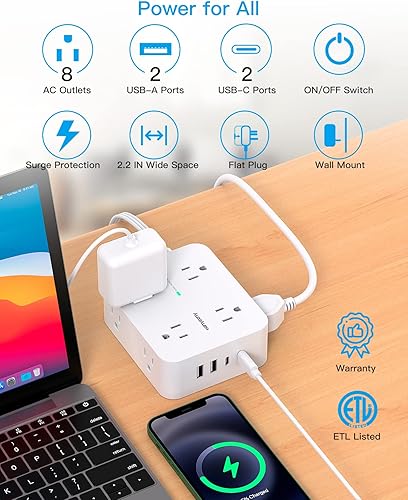 Miniatura 2 de Cable de extensión de 15 pies, regleta de alimentación con 4 puertos USB (2 USB C), 8 salidas protectoras de sobretensiones con enchufe plano,