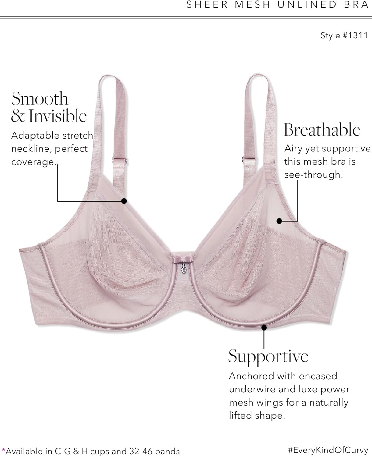 Curvy Couture Womens Sheer Mesh Full-Coverage Unlined Underwire Bra - Image 4