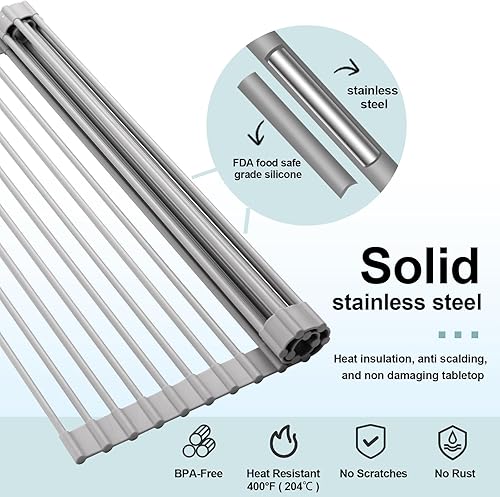 Miniatura 4 de Escurridor de platos enrollable, escurridor de platos antideslizante para encimera de cocina, acero recubierto de silicona, multiusos, ahorro de
