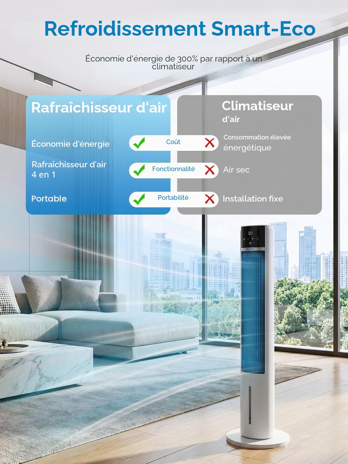FOHERE Refroidisseur d'air et refroidissement par évaporation, ventilateur tour ultra silencieux, avec minuteur 24 h, télécommande, réservoir d'eau 3,2 l, pour salon, chambre à coucher, maison, bureau