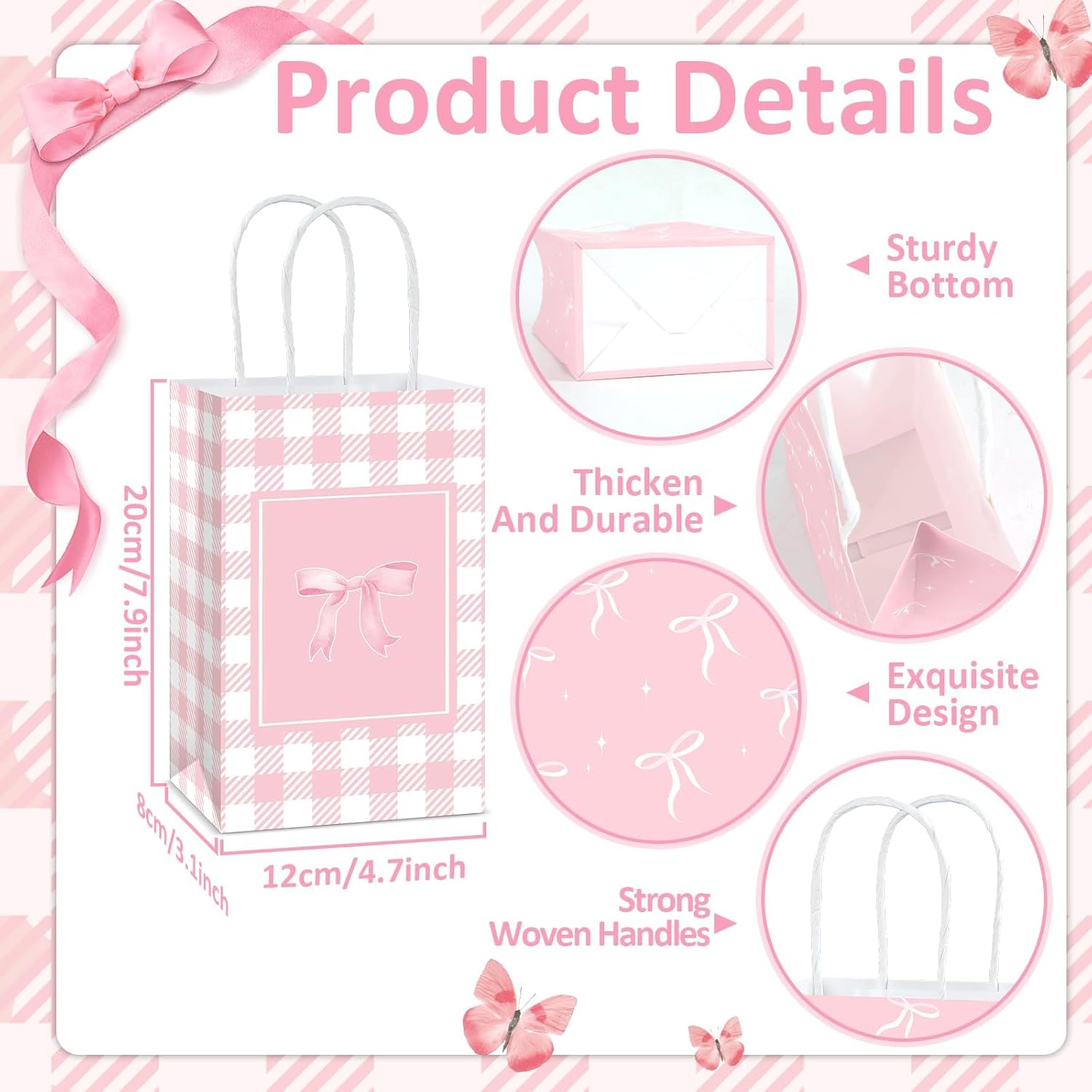24Pcs Pink Bow Party Favor Bags Bows Themed Goodie Bag Candy Bags for Birthday Bachelorette Parties Decoration Coquette Bow Gift Treat Bag with Handles for Bridal Engagement Baby Shower Party Supplies - Image 3