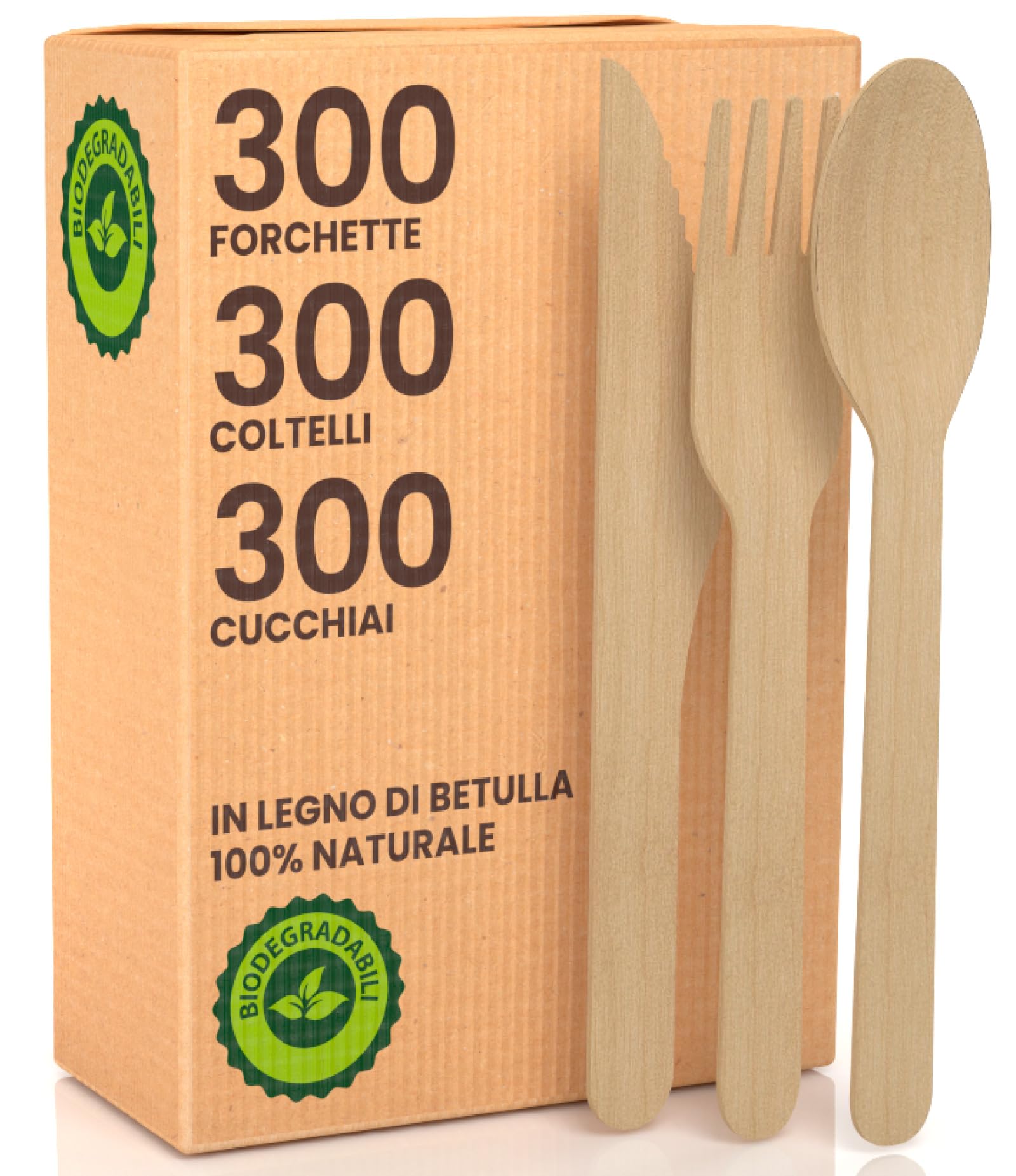 Juego de cubiertos ecológicos de madera de abedul, 300 tenedores + 300 cuchillos + 300 cucharas – Desechables 100% naturales, biodegradables y compostables, desechables