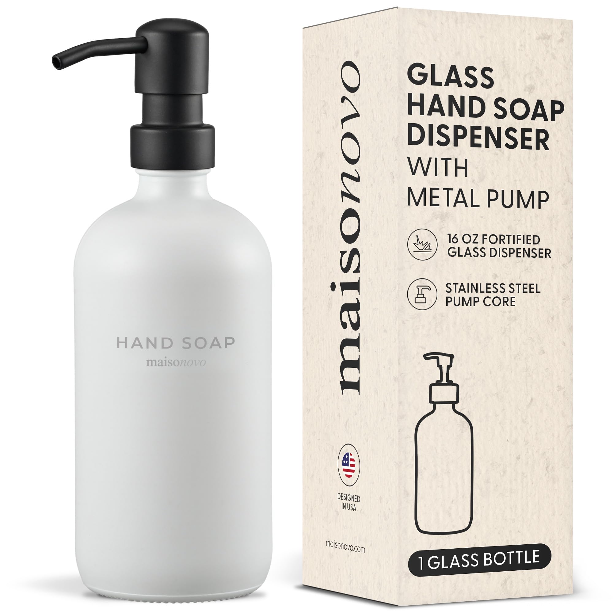 MaisoNovo Soap Dispenser 1-Piece Set | 16.9oz White Bottles with Black Stainless Steel Pump