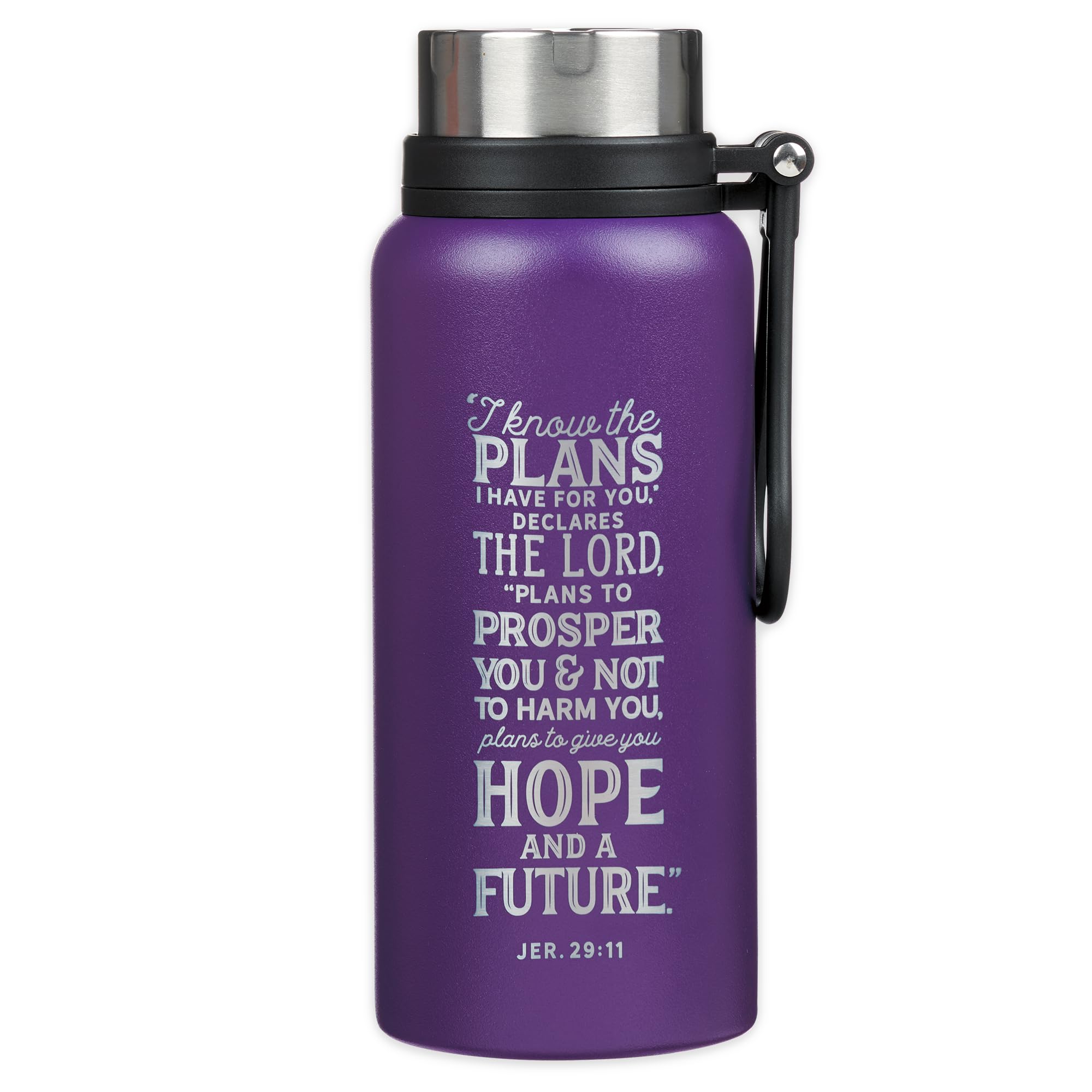 Christian Art Gifts Hope and A Future Jeremiah 29:11 Laser Engraved Purple Stainless Steel Double Wall Vacuum Insulated Water Bottle w/Carry Handle Strap Lid for Women, All Day Hot/Cold, 32 oz.