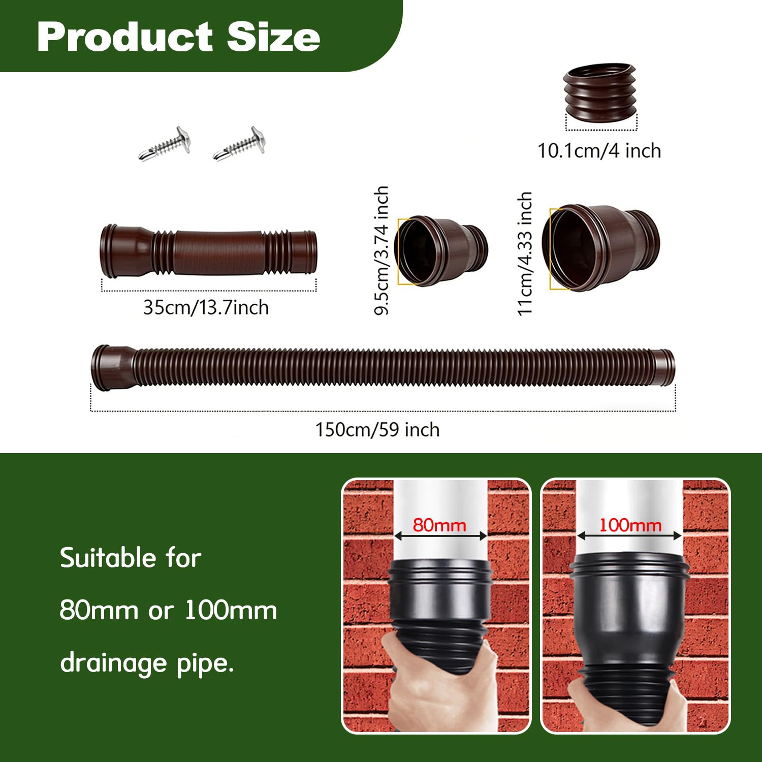 Tubo di Scarico per grondaia, Flessibile per Tubo di Scarico 80/100 mm,prolunga di drenaggio Estensibile in PE per pluviali Rotondi per Ville all'aperto (Marrone)