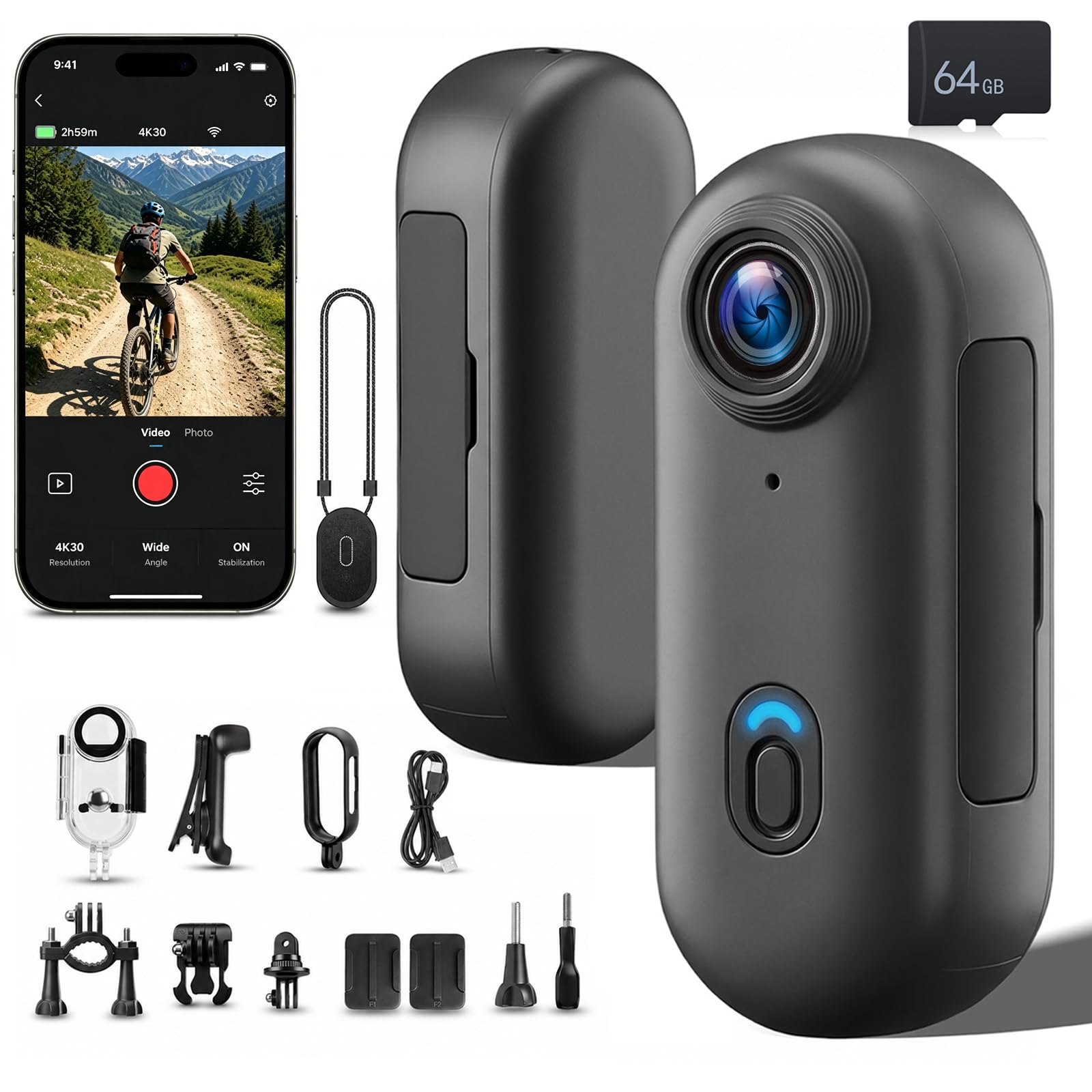 NHOPEEW Mini Telecamera 4K Body Cam con WiFi Action Cam Subacquea IP67 | Telecamera per Casco Moto, Videocamera Magnetica POV per Moto, Viaggi, Animali Domestici + Scheda TF 64GB