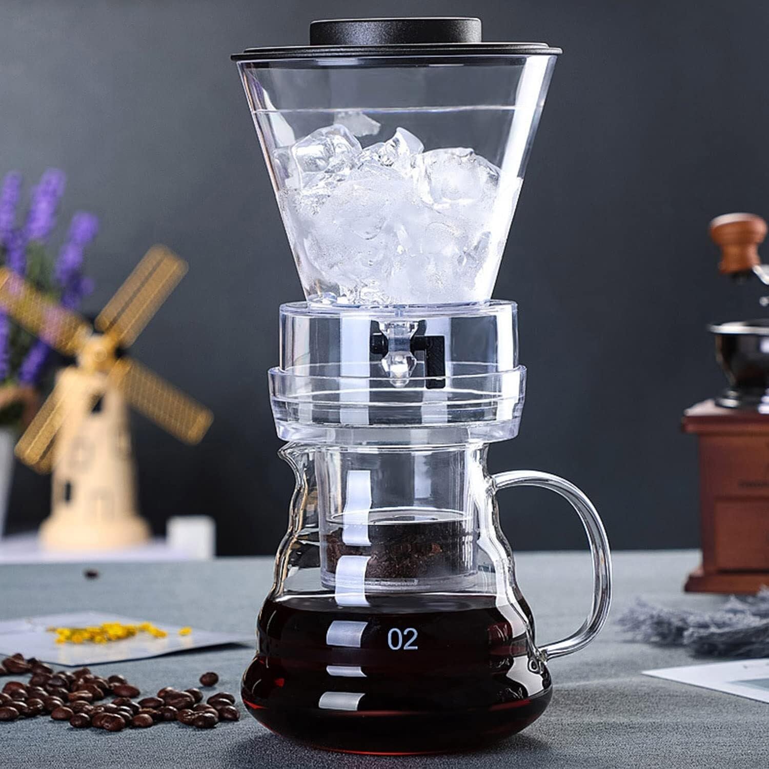 Cold Brew Drip Tower， Adjustable Dripper, Detachable Glass Cold Brew Maker, 500ml Large Capacity Coldbrew Tower Slow Drip Technology Glass Percolators Ice Coffee Machine